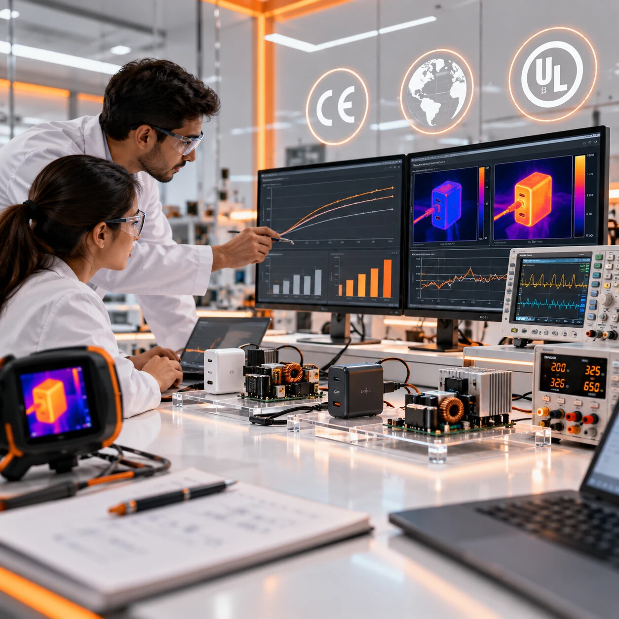 Engineers benchmarking charger thermal and efficiency performance